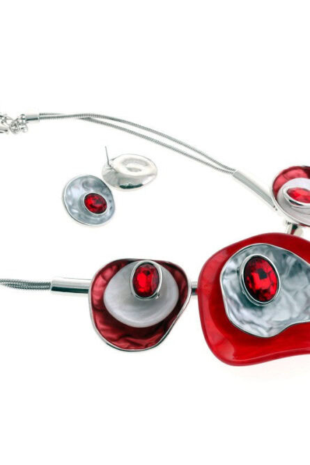 216 - Red & Silver Layered Disc Statement Necklace & Earring Set - Image 2