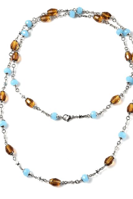 Blue Jade & Citrine Beaded Necklace in Stainless Steel