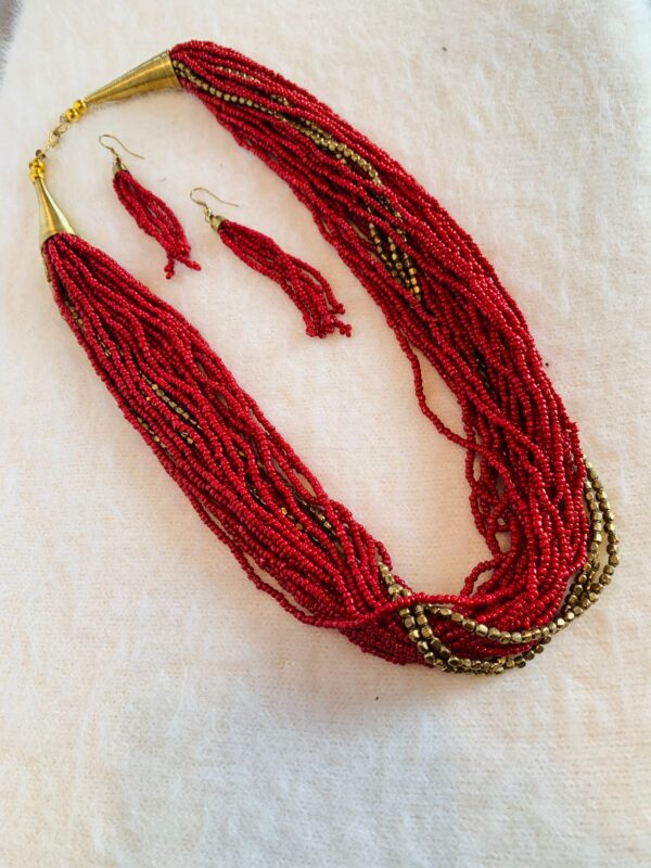 242 - Red Multi-Strand Seed Bead Necklace Set