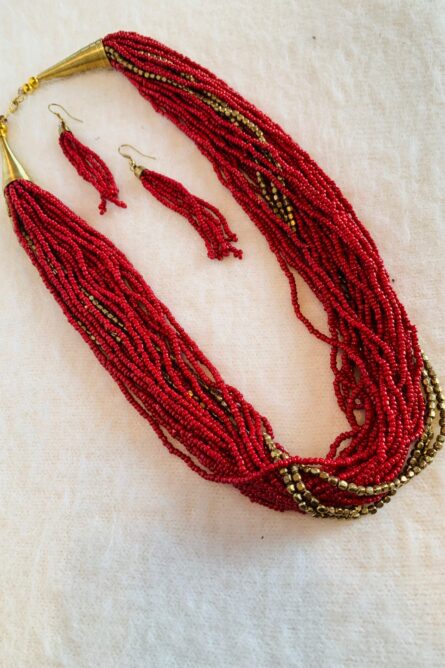 242 - Red Multi-Strand Seed Bead Necklace Set - Image 1