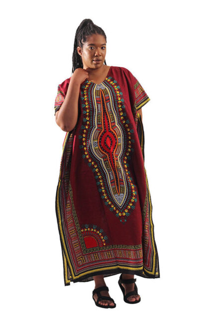 Traditional Print Long Maroon Kaftan