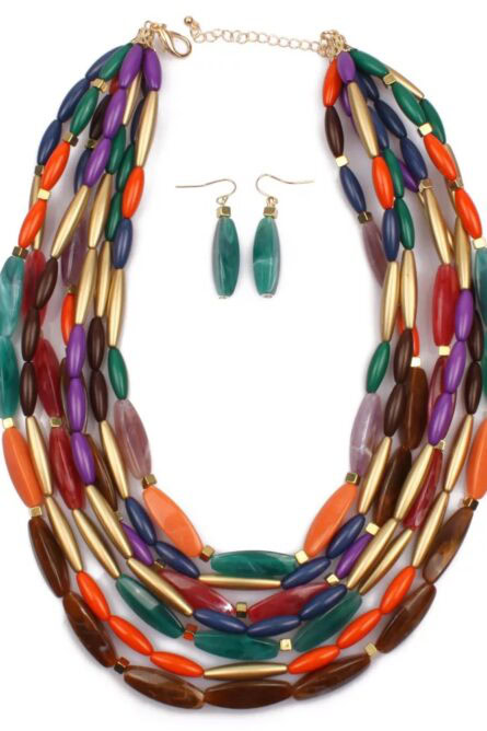 216 - Multi-Color Layered Beaded Necklace & Earring Set - Image 2