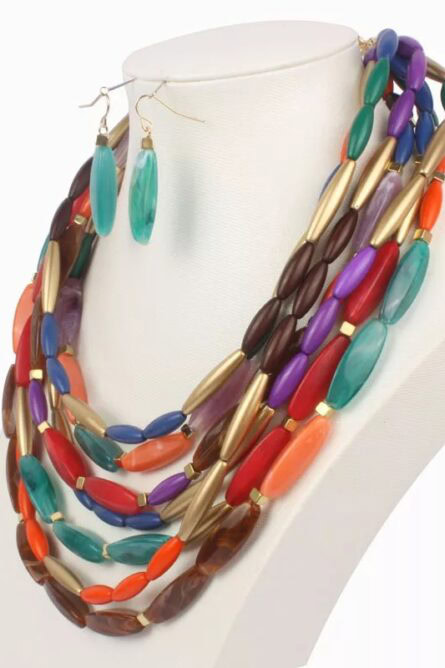 216 - Multi-Color Layered Beaded Necklace & Earring Set - Image 1