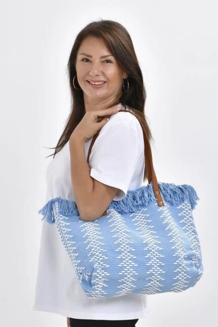 Blue & White Tote Bag w Faux Leather Handle