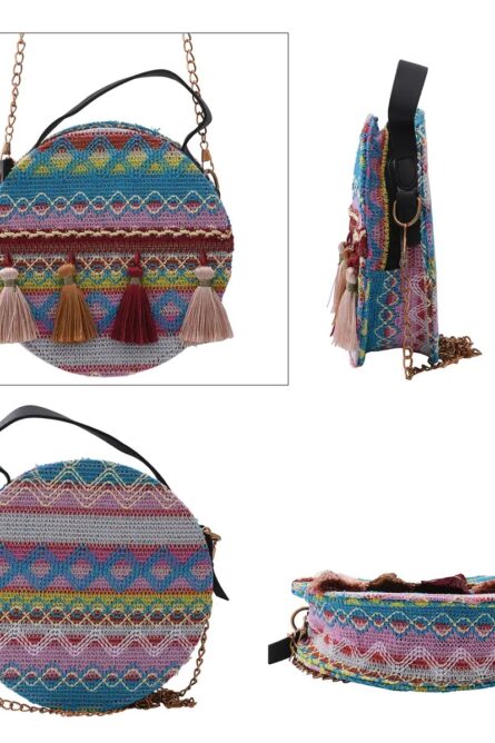 Multicolor Bohemian Mini Round Crossbody Bag with Tassels (7”) - Image 7