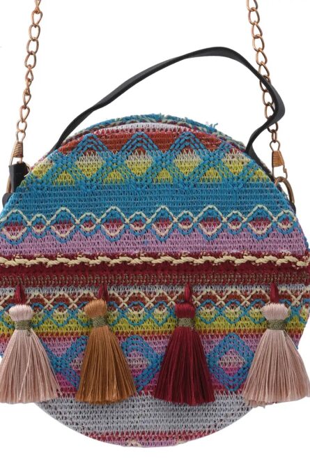 Multicolor Bohemian Mini Round Crossbody Bag with Tassels (7”) - Image 1