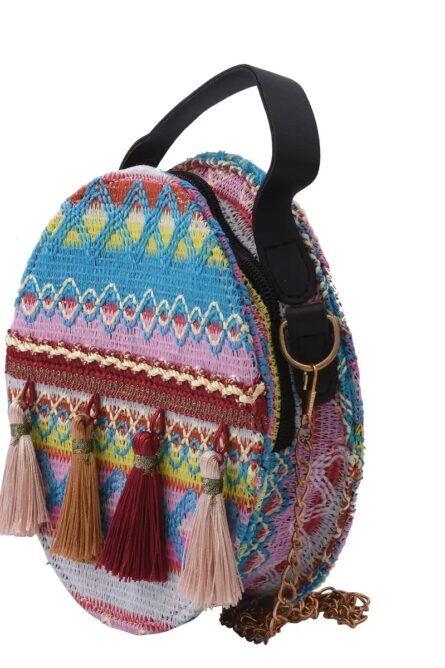 Multicolor Bohemian Mini Round Crossbody Bag with Tassels (7”) - Image 2