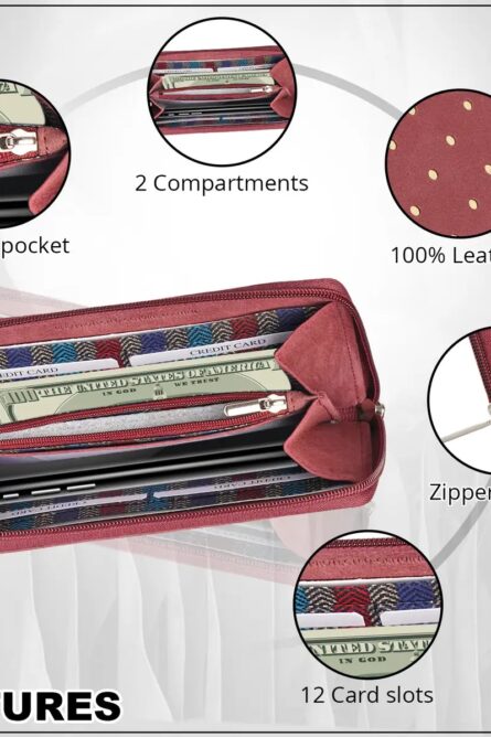 Union Code Burgundy Polka Dot Genuine Leather RFID Zip Wallet - Image 6