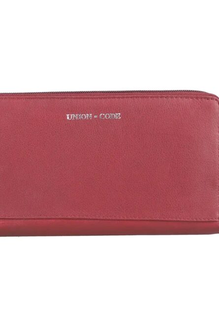 Union Code Burgundy Polka Dot Genuine Leather RFID Zip Wallet - Image 1