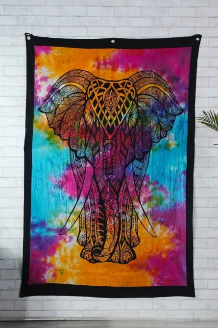 Multicolor Elephant Tie-Dye Cotton Tapestry - Image 1