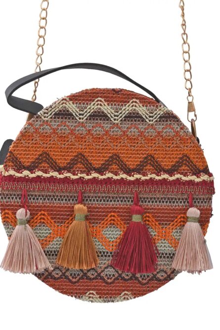 Bohemian Mini Round Crossbody Bag with Tassels (7”) - Image 1