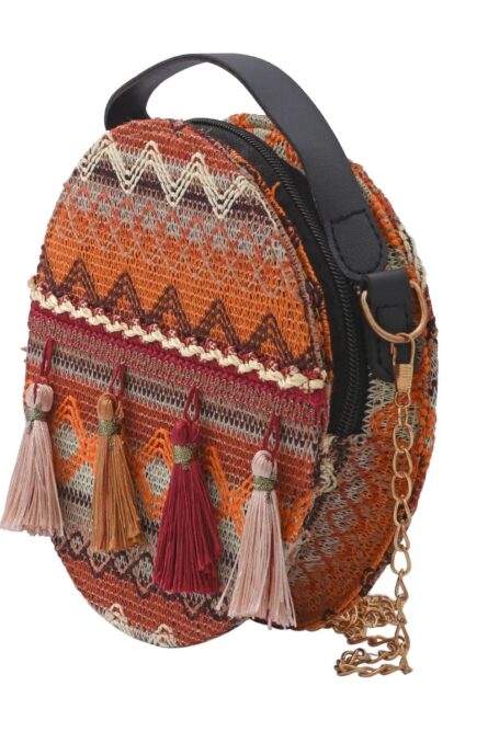 Bohemian Mini Round Crossbody Bag with Tassels (7”) - Image 5