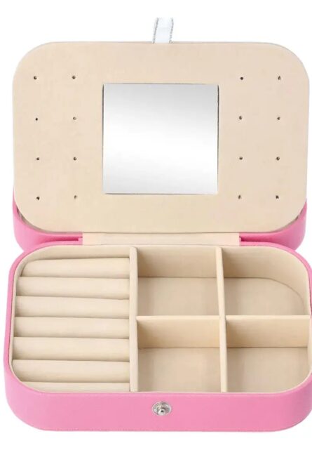 Pink Faux Leather Travel Jewelry Organizer with Mirror - Image 5