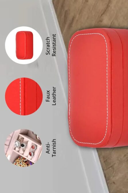 Red Faux Leather Oval Travel Jewelry Box - Image 6
