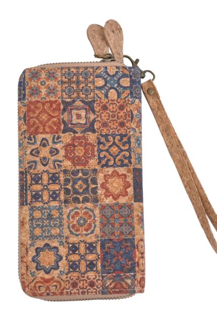 Khaki and Dark Square Pattern Two Zipper Cork Wallet