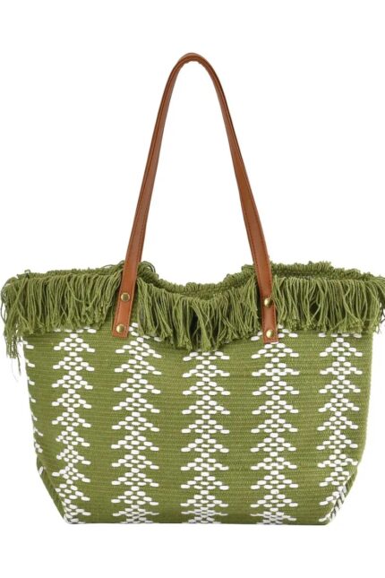 Green & White Tote Bag w Faux Leather Handle