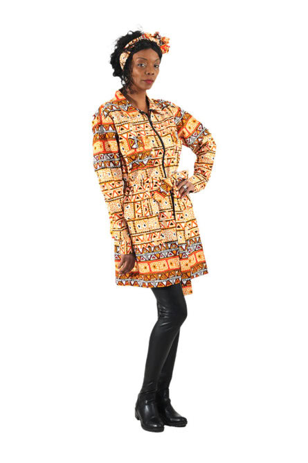 African Print Zipper Jacket with Belt & Matching Headwrap