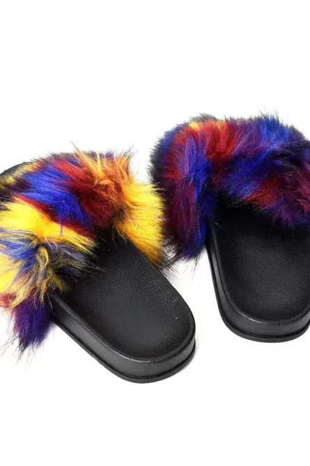 Multicolor Faux Fur Slide Sandals - Image 3