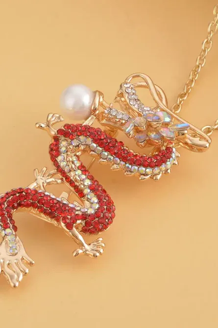 275 - Austrian Crystal Dragon Brooch Pendant Necklace – Goldtone - Image 2