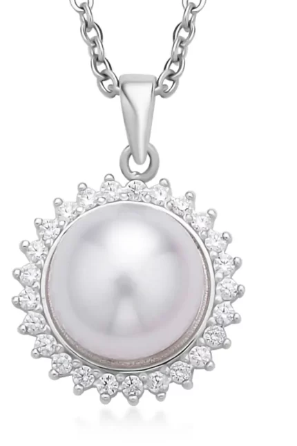 254 - White Freshwater Pearl and Simulated Diamond Sunburst Pendant