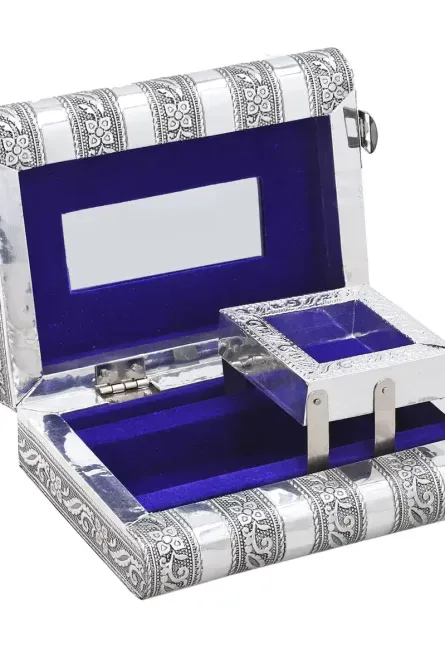 Hand-Embossed Oxidized Aluminum Jewelry Box with Mirror - Image 3