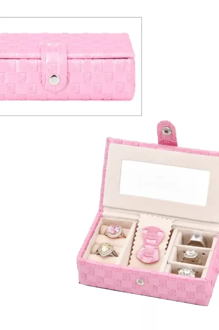 Pink Woven Faux Leather Travel Jewelry Box with Mirror - Image 1