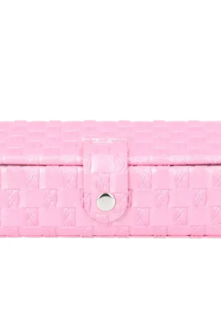 Pink Woven Faux Leather Travel Jewelry Box with Mirror - Image 2