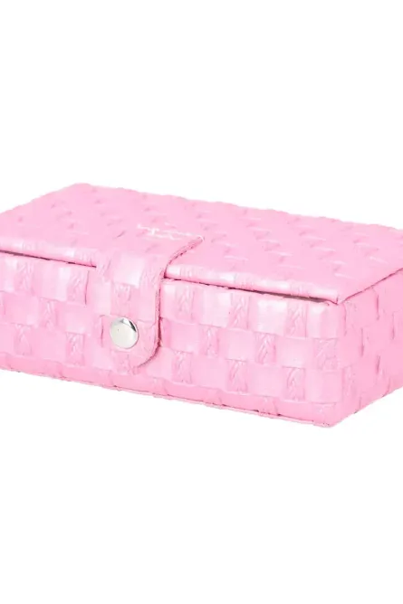 Pink Woven Faux Leather Travel Jewelry Box with Mirror - Image 3