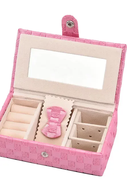 Pink Woven Faux Leather Travel Jewelry Box with Mirror - Image 4