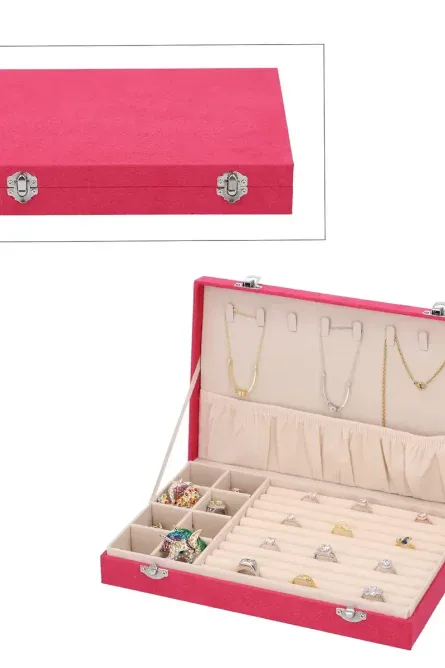 Fuchsia Velvet Jewelry Box with Anti Tarnish Lining & Lock - Image 1