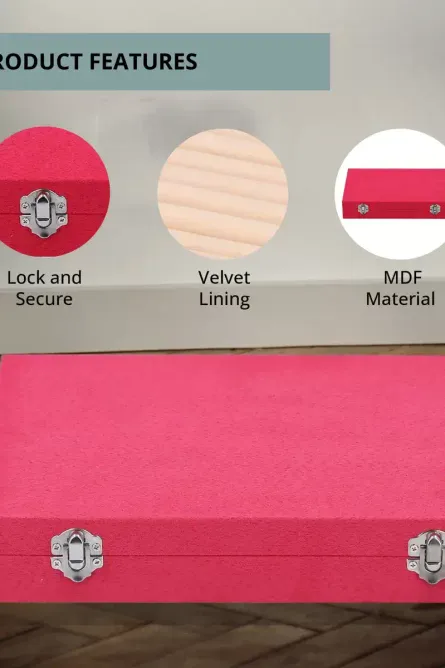 Fuchsia Velvet Jewelry Box with Anti Tarnish Lining & Lock - Image 5