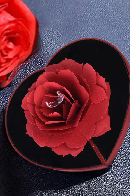 Heart Shaped Wooden Ring Box with 3D Flower Design - Image 1