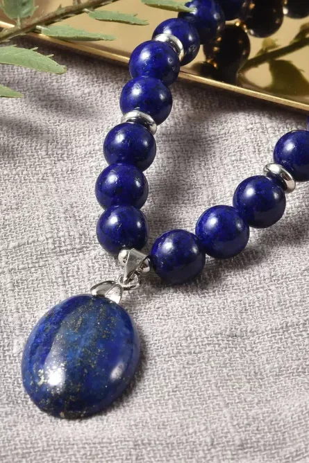 24 - Genuine Lapis Lazuli Beaded Necklace with Oval Pendant - Image 2