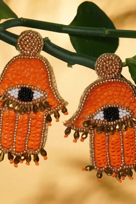 8 - Handmade Orange Hamsa Beaded Earrings - Image 2