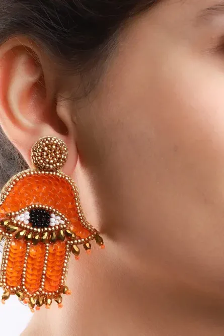 8 - Handmade Orange Hamsa Beaded Earrings - Image 3
