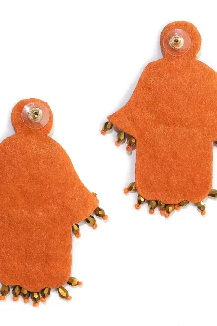 8 - Handmade Orange Hamsa Beaded Earrings - Image 4