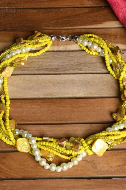 253 - Yellow & White Multi-Strand Seed Bead Necklace with Shell Accents - Image 2