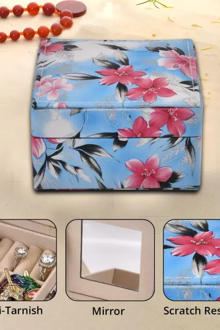 Floral Faux Leather Travel Jewelry Box with Mirror - Image 6