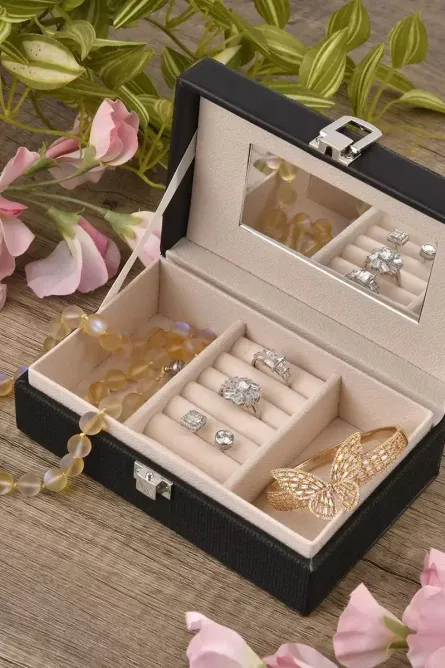 Embossed Faux Leather Jewelry Box with Mirror and Lock - Image 1