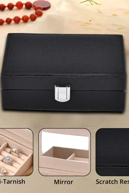 Embossed Faux Leather Jewelry Box with Mirror and Lock - Image 3