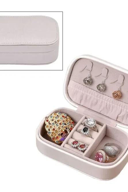 Cream Faux Leather Oval Travel Jewelry Box - Image 2