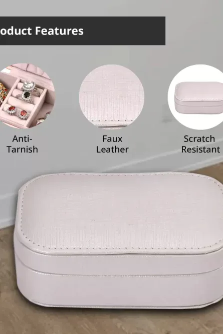 Cream Faux Leather Oval Travel Jewelry Box - Image 7