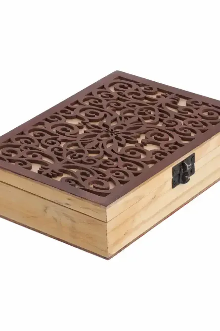 Pine Wood Jewelry Box with Decorative Carved Lid - Image 1