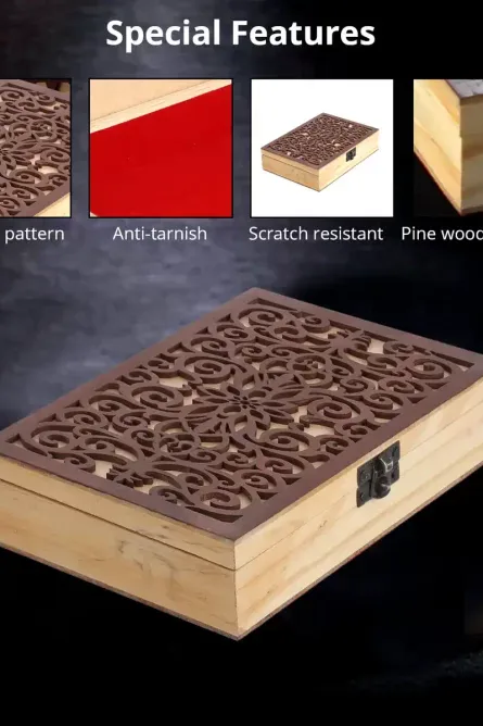 Pine Wood Jewelry Box with Decorative Carved Lid - Image 5