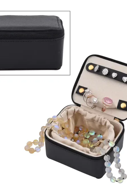 Compact Faux Leather Travel Jewelry Box with Zip Closure - Image 2