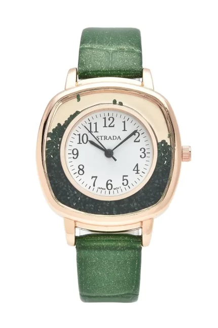 Strada Japanese Movement Green Austrian Crystal Watch with Green Faux Leather Strap (36mm) (7.25-8.75 Inches)