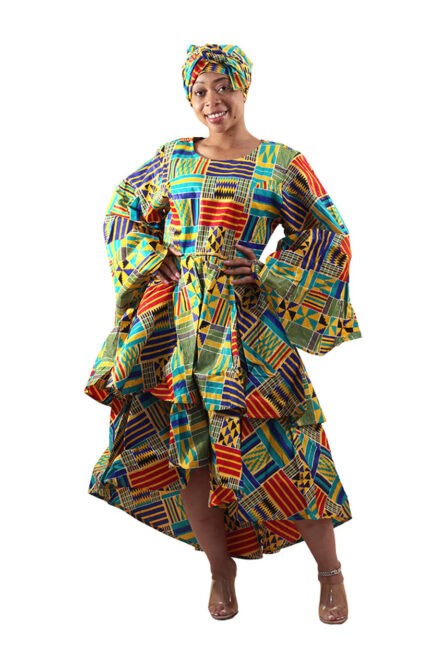 0018 - Kente Long Bell-Sleeve Layer Dress - Image 3