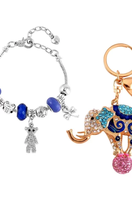 42 - Blue Charm Bracelet & Elephant Keychain Set