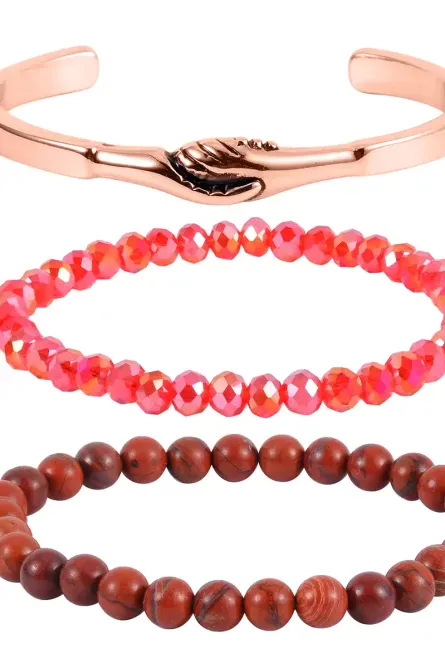 33 - Red Jasper 3-Piece Bracelet Set – Stretch & Rosetone Cuff | 7" - Image 1