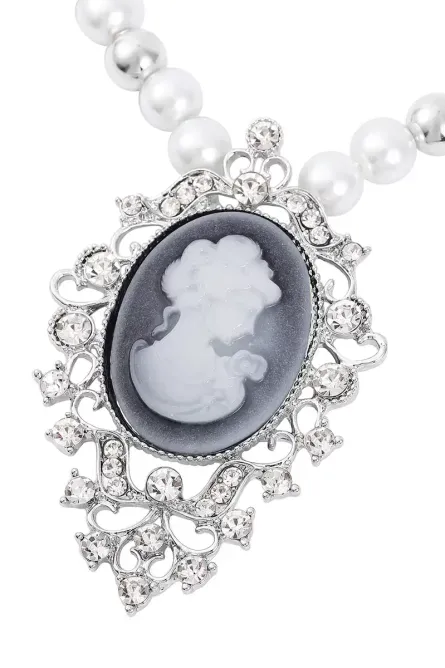 222 - Gray Cameo & Crystal Necklace and Earrings Set - Image 3